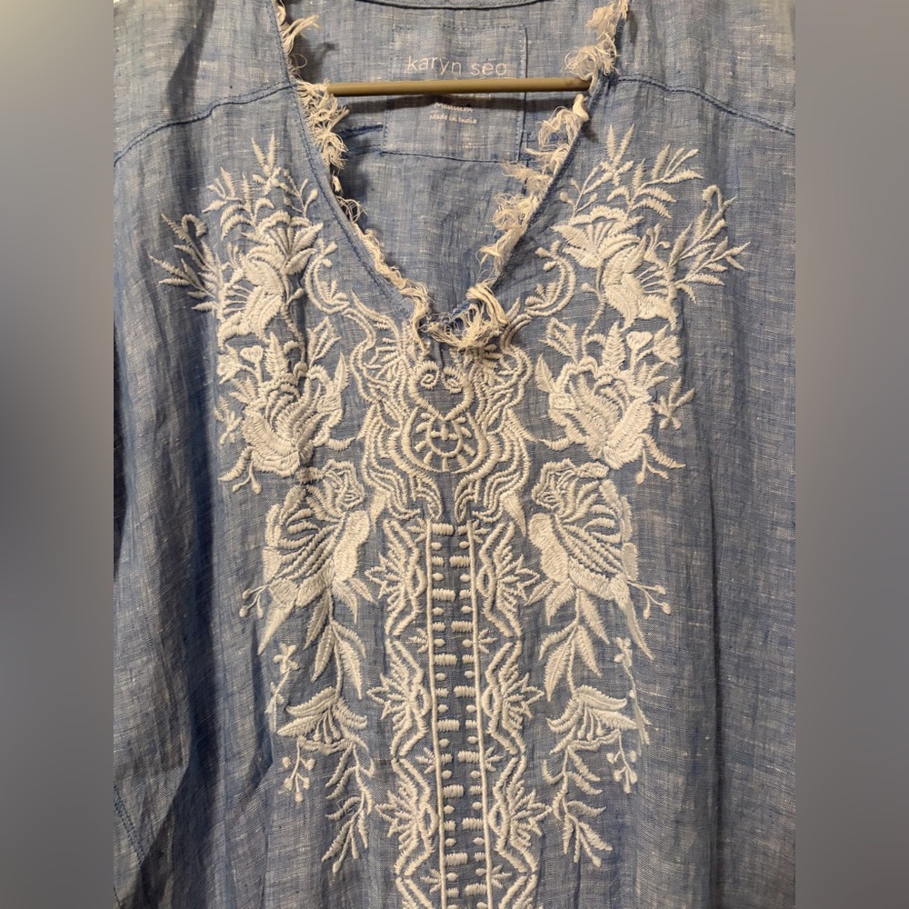 Karyn Seo Linen Embroidered V-Neck Raw Hem Lagenlook Tunic Dress Size Medium - Picture 9 of 12